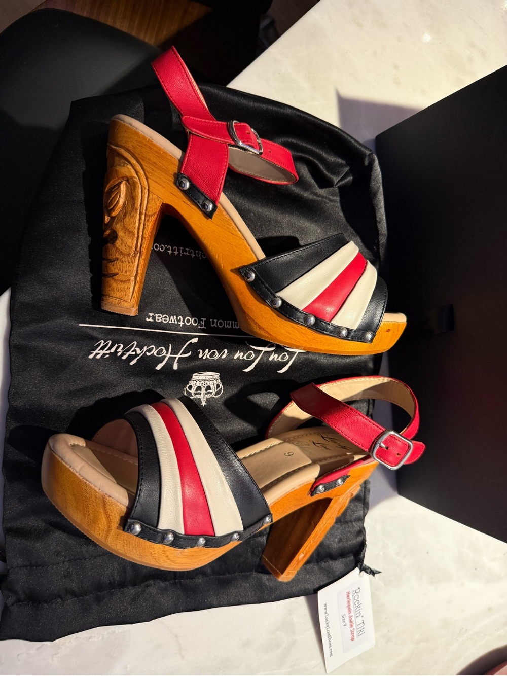 BRAND NEW Lucky Lou Shoes Red Black White Striped Leather Harlequin Rockin’ Tiki